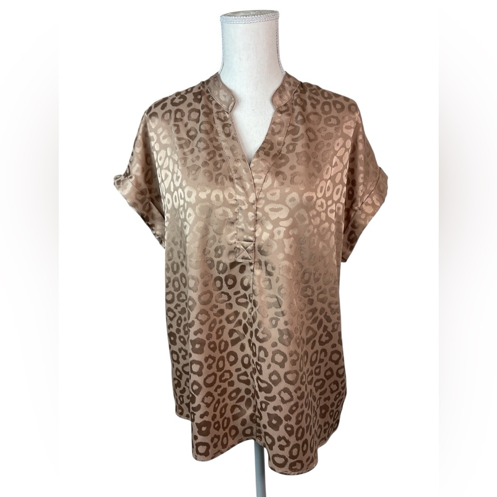 Truself Satin Leopard Print Short Sleeve Blouse - Taupe L